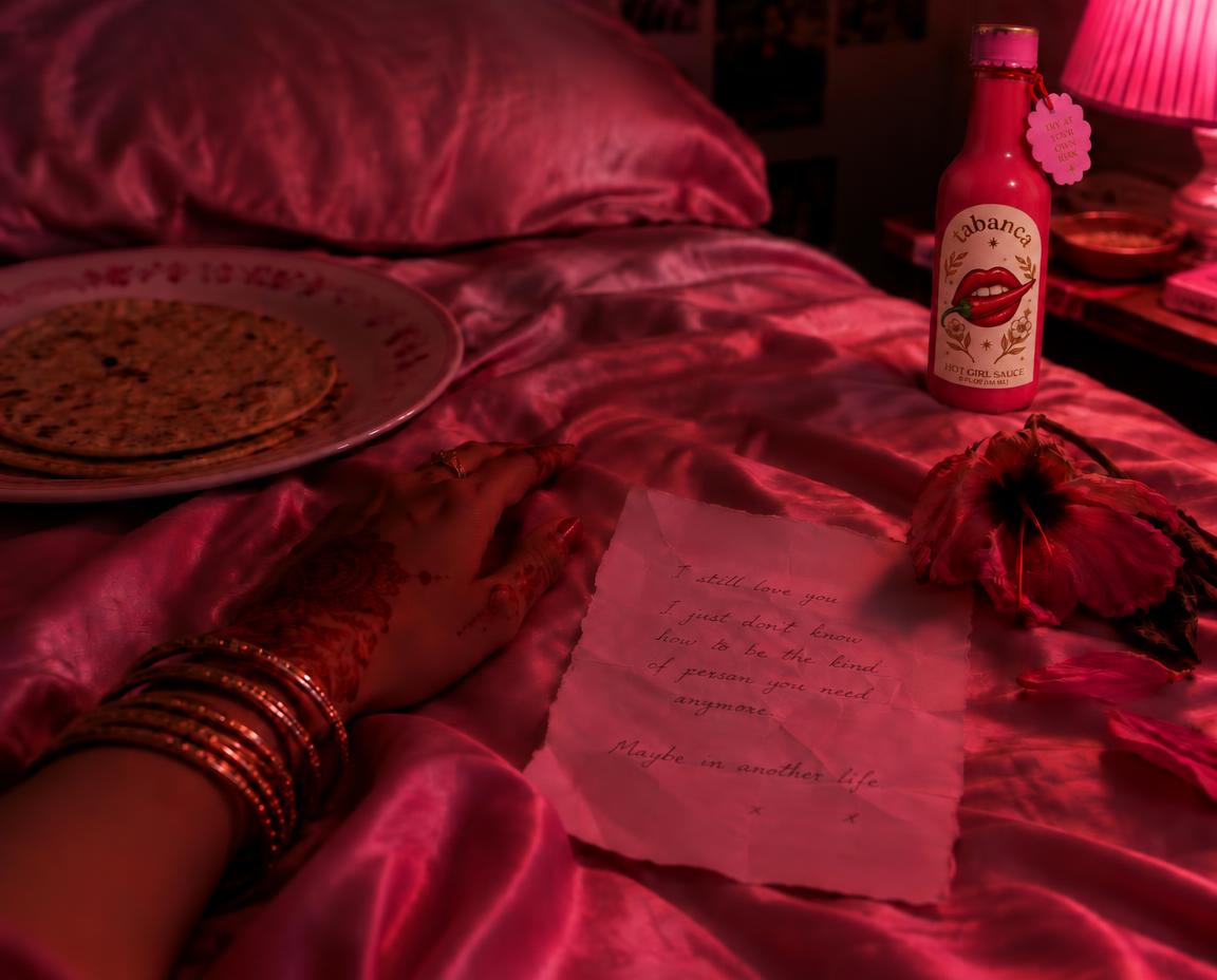 Hand on pink sheets beside a goodbye letter and a bottle of Hot Girl Sauce